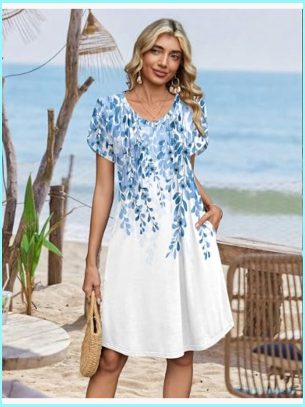 V Neck Pleated Casual A Line Dress Floral Boho Sundress - Picture 5 of 6